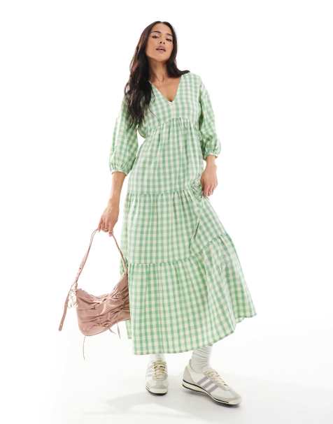 Vestido midi verde a cuadros vichy amplio con cuello de pico de New Look - view 1