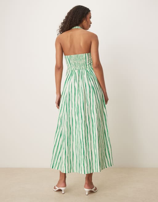 Vestido midi verde a rayas con cuello halter y godets en el bajo de ASOS DESIGN, 4 de 4