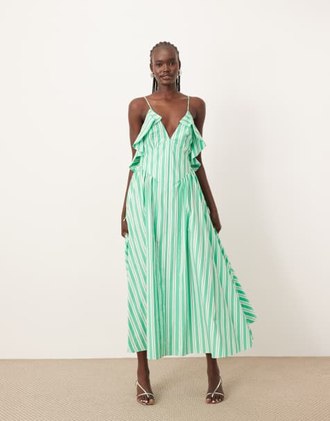 Vestido midi verde a rayas con detalle de volante y espalda descubierta de algodón de ARRANGE - view 1
