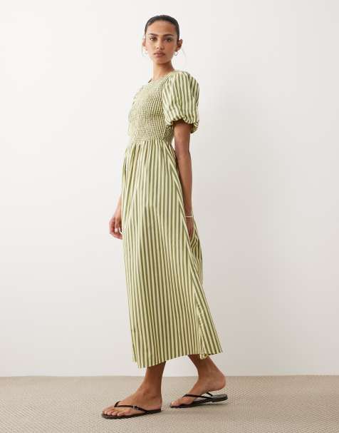 Vestido midi verde a rayas fruncido de New Look - view 1