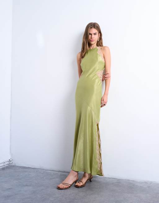 Vestido midi verde aguacate con espalda de nadadora e insertos de encaje de Topshop