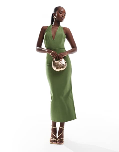 Vestido midi verde ajustado con cuello halter ancho escotado de ASOS DESIGN - view 1