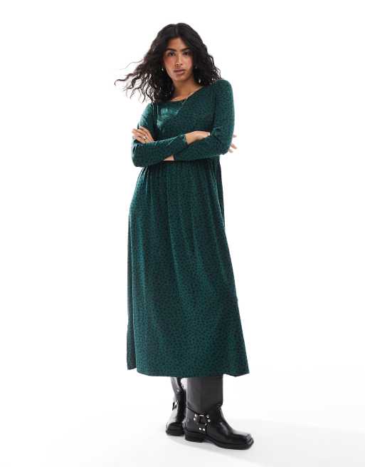 Vestido midi verde bosque de manga larga con estampado de lunares difuminados de Wednesday's Girl