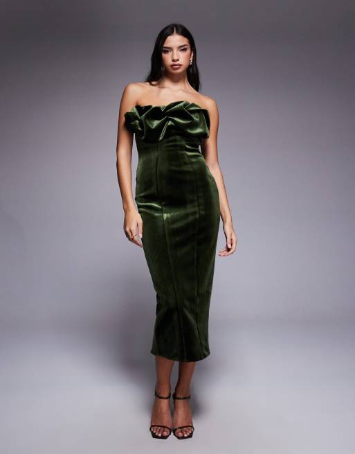 Vestido midi verde caqui con escote palabra de honor estructurado y detalle de volante en el cuerpo de terciopelo reforzado de ASOS DESIGN