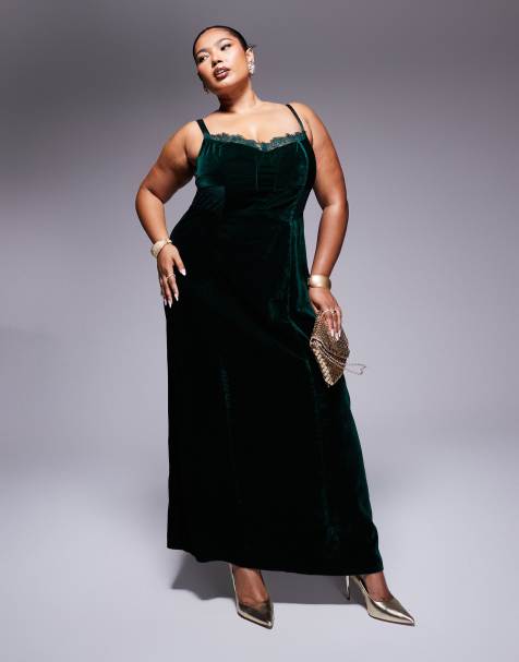 Vestido midi verde cerceta oscuro estilo corsé de terciopelo con inserto de encaje de ASOS DESIGN Curve - view 1