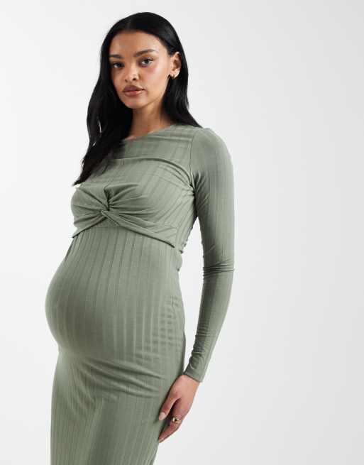 Vestido midi verde claro de manga larga con diseño de 2 funciones para lactancia de canalé de Mamalicious Maternity, 2 de 4