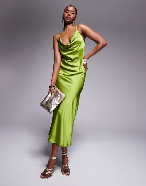 Vestido midi verde con cuello desbocado de satén de New Look - view 1