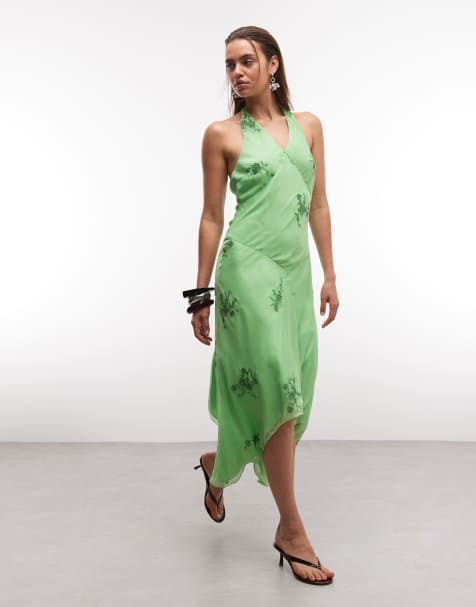 Vestido midi verde con cuello halter, bordados y detalle de fular de edición limitada de Reclaimed Vintage - view 1