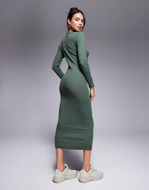 Vestido midi verde con cuello redondo y puños vueltos de canalé de ASOS DESIGN, 2 de 4