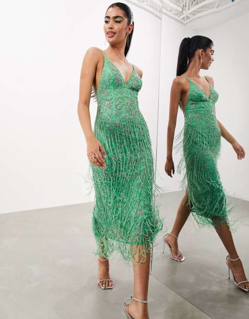 Vestido midi verde con dise o floral y flecos de cuentas de ASOS EDITION