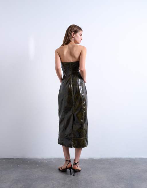 Vestido midi verde con escote palabra de honor de vinilo de Topshop, 4 de 5