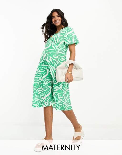 Vestido midi verde con estampado abstracto y cuello de pico de Influence Maternity