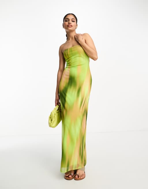 Vestido midi verde con estampado abstracto y escote palabra de honor de malla de ASOS DESIGN