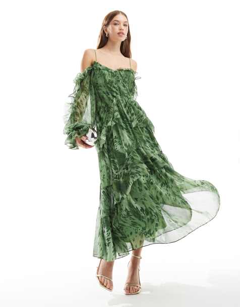 Vestido midi verde con estampado floral, volantes y mangas abiertas con lazadas de ASOS DESIGN - view 1