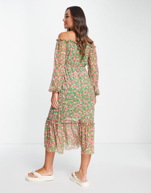 Vestido midi verde con estampado floral y escote Bardot de River Island, 2 de 4