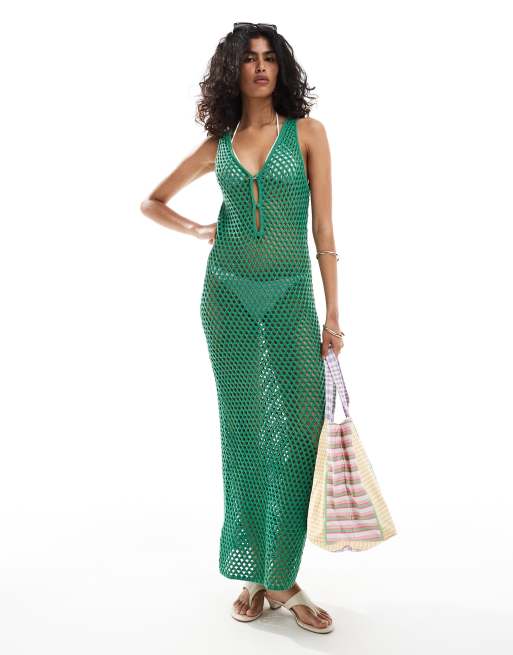 Vestido midi verde con lazada delantera de croché de Mango