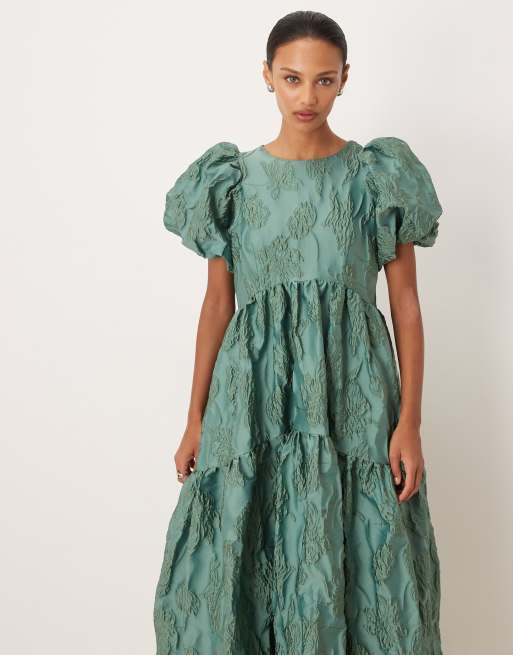 Vestido midi verde con mangas abullonadas de jacquard Harmonia de Sister Jane, 4 de 4