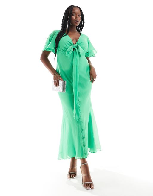 Vestido midi verde con mangas fluidas y detalle de cintura cruzada exclusivo de ASOS DESIGN Curve