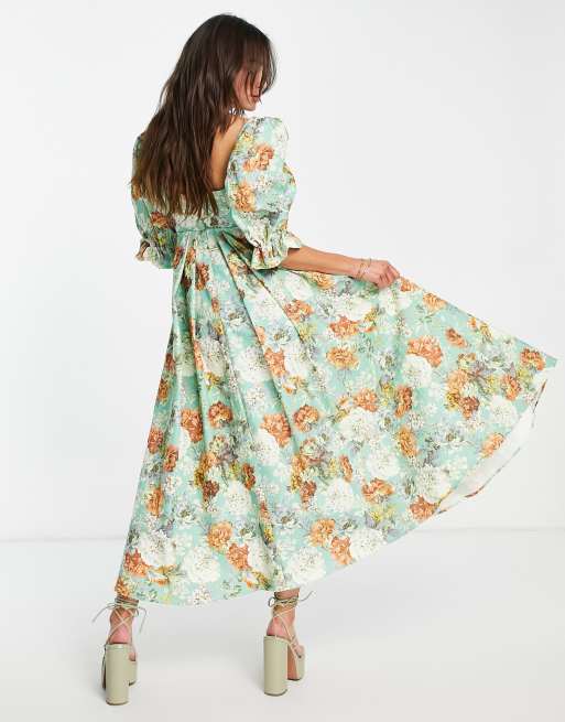 Vestido midi verde de corte imperio con falda de corte amplio y estampado floral de ASOS Edition, 2 de 4