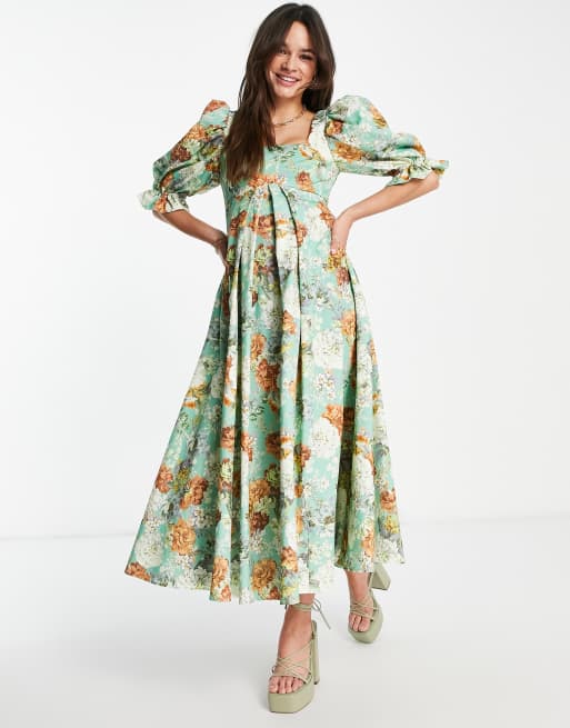 Vestido midi verde de corte imperio con falda de corte amplio y estampado floral de ASOS Edition