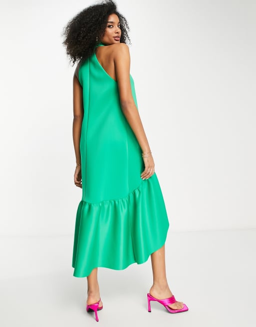 Vestido midi verde de corte trapecio con cuello subido y