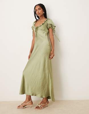 Vestido midi verde de estilo mesonera con mangas abullonadas con lazada de ASOS DESIGN - view 1