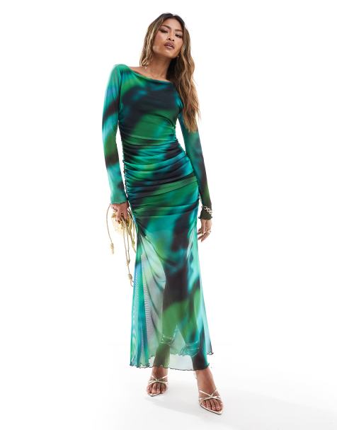 Vestido midi verde de manga larga con estampado efecto manchas de malla de ASOS DESIGN - view 1