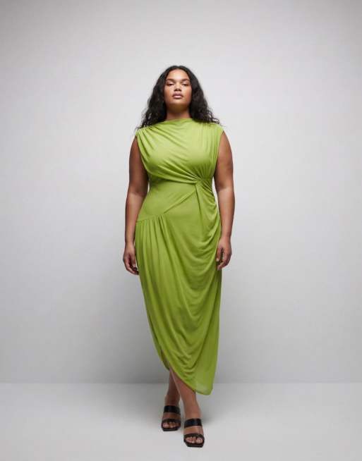 Vestido midi verde drapeado con detalle de capa de malla de ASOS DESIGN Curve, 8 de 11