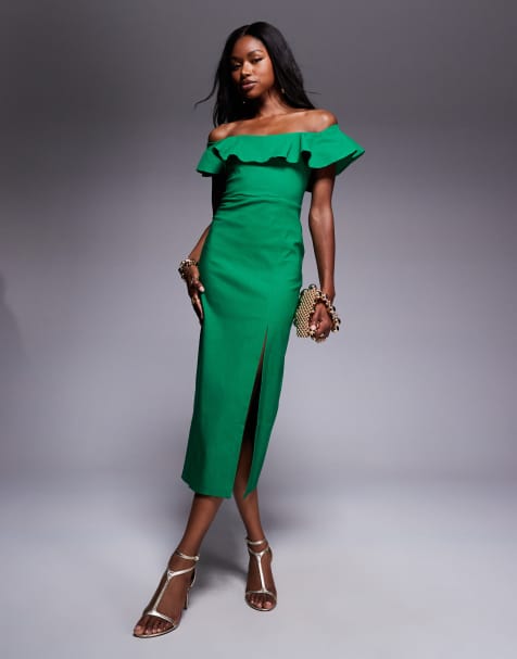 Vestido midi verde esmeralda con escote Bardot con volante y abertura lateral de bengalina de Vesper - view 1