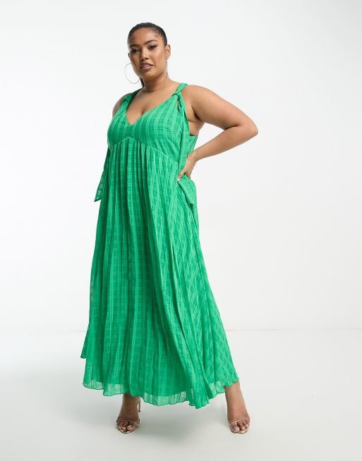 Vestido midi verde esmeralda escotado a cuadros de jacquard con diseño plisado y tirantes anudados de ASOS DESIGN Curve