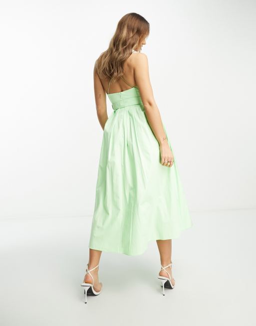 Vestido midi verde lima con cinturón, detalle plisado y aberturas de algodón de ASOS DESIGN, 2 de 4