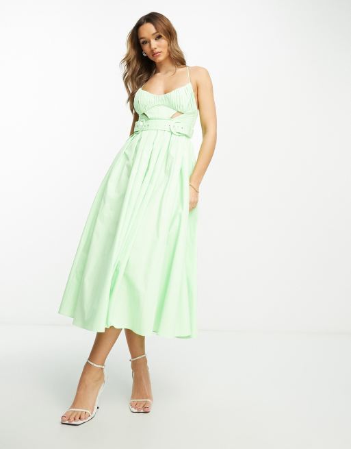 Vestido midi verde lima con cinturón, detalle plisado y aberturas de algodón de ASOS DESIGN, 4 de 4