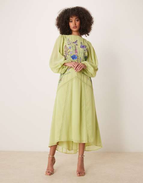 Vestido midi verde lima con cuello alto, mangas blusón y diseño con abalorios de Hope & Ivy - view 1