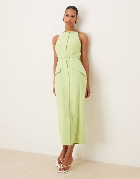 Vestido midi verde lima con cuello barco, cinturón y bolsillos de ASOS DESIGN - view 1