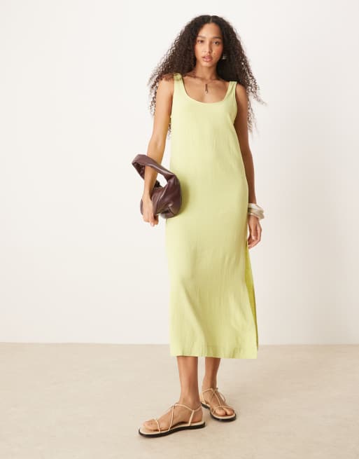 Vestido midi verde lima lavado con cuello ancho de mezcla de lino de ASOS DESIGN, 2 de 4