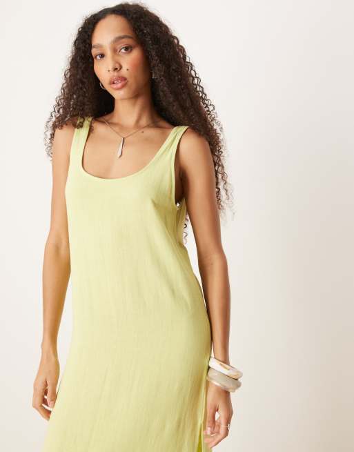 Vestido midi verde lima lavado con cuello ancho de mezcla de lino de ASOS DESIGN, 3 de 4