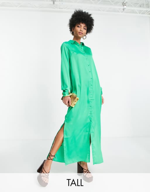 Vestido midi verde luminoso con aberturas laterales de satén exclusivo de Pieces Tall