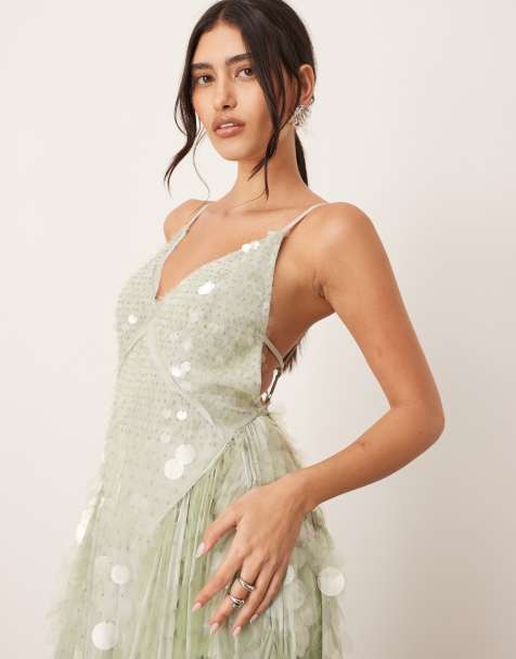 Vestido midi verde mar de tirantes y falda de corte amplio con diseño adornado con lentejuelas de ARRANGE - view 1