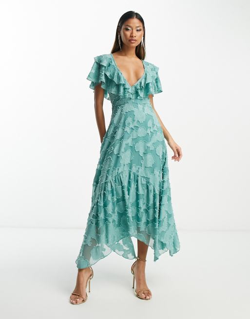 dosis pastel sitio Vestido midi verde marino con escote y espalda de pico, volantes, mangas  fluidas y lazada trasera de jacquard texturizado de ASOS DESIGN | ASOS