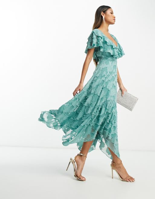 dosis pastel sitio Vestido midi verde marino con escote y espalda de pico, volantes, mangas  fluidas y lazada trasera de jacquard texturizado de ASOS DESIGN | ASOS