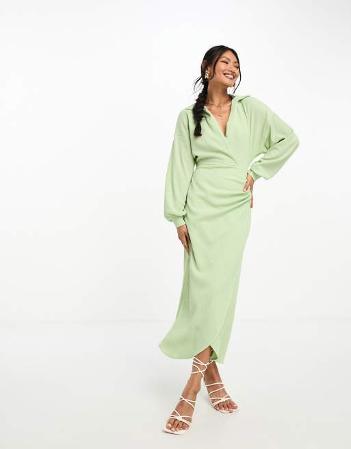 Vestido midi verde menta cruzado con solapas de tejido texturizado de ASOS DESIGN, 3 de 4