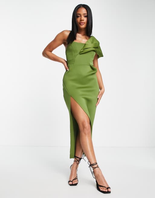 Vestido midi verde oliva asimétrico con costuras en el pecho y abertura hasta el muslo de ASOS DESIGN