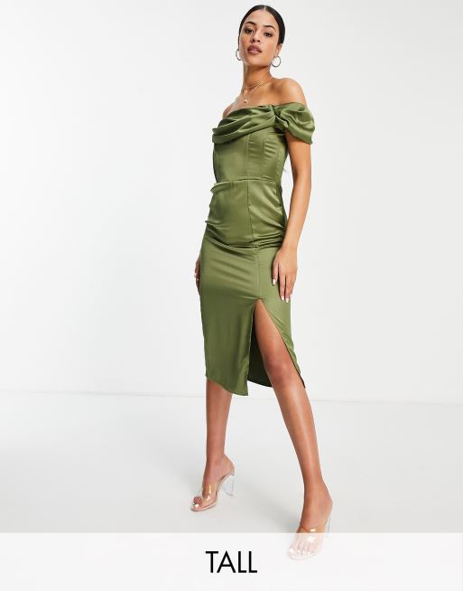 Vestido midi verde oliva con abertura de satén de First Distraction The Label Tall