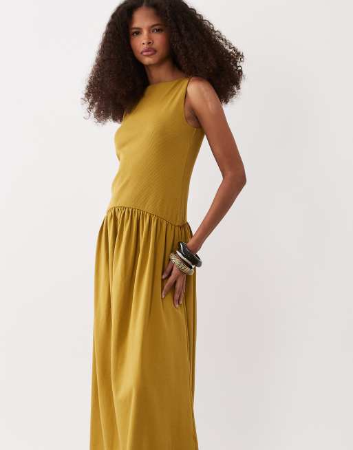 Vestido midi verde oliva con cintura baja de canalé variado de ASOS DESIGN, 2 de 4