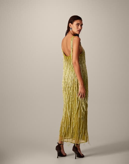 Vestido midi verde oliva con cuello ancho y flecos de cuentas de ARRANGE, 4 de 4