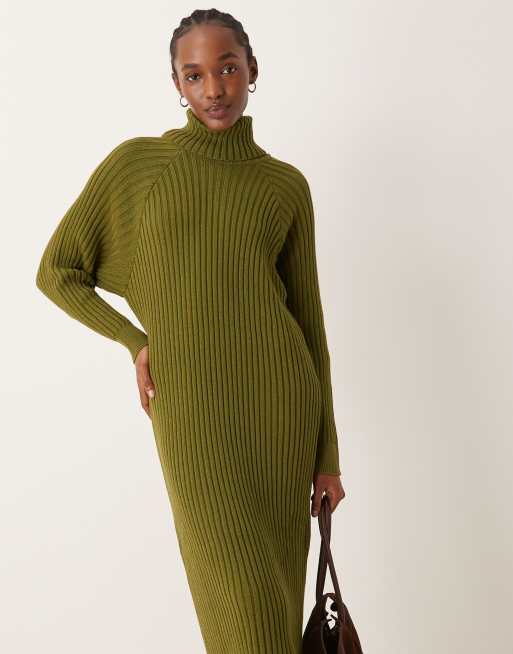 Vestido midi verde oliva con cuello vuelto de punto de YAS, 3 de 4