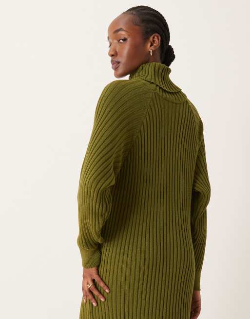 Vestido midi verde oliva con cuello vuelto de punto de YAS, 4 de 4