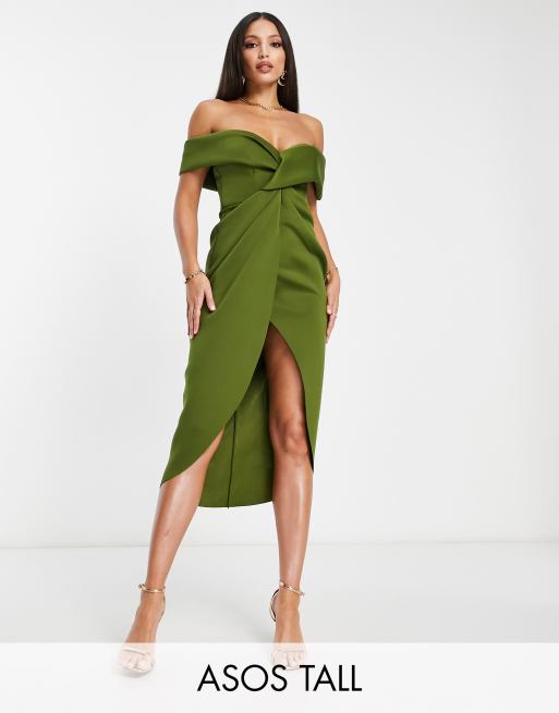 Vestido midi verde oliva con escote Bardot y detalle retorcido en la parte delantera de ASOS DESIGN Tall