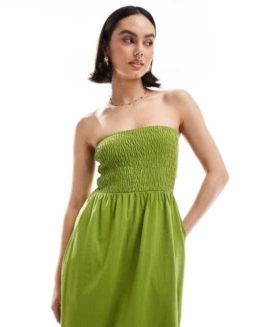 Vestido midi verde oliva con escote palabra de honor y pecho fruncido de Threadbare, 2 de 4