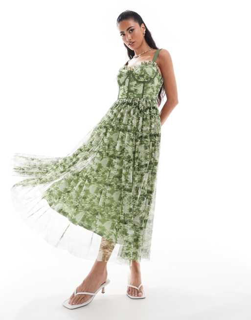 Vestido midi verde oliva con estampado floral y cuerpo tipo corsé de tul de Lace & Beads